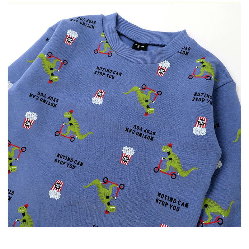 日本 ZOOLAND - 印花圓領保暖長袖上衣-恐龍騎車爆米花-開心果綠