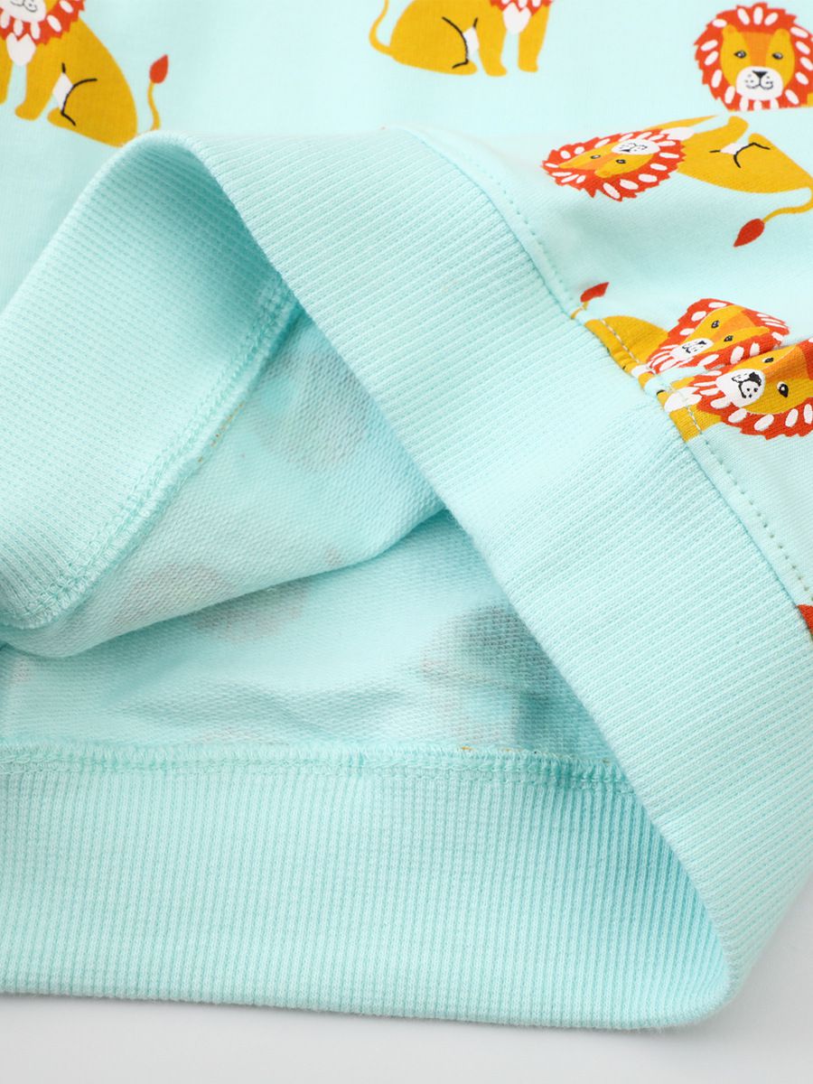 Jumping meters - 圓領棉質長袖上衣/大學T-滿滿獅子-藍綠色