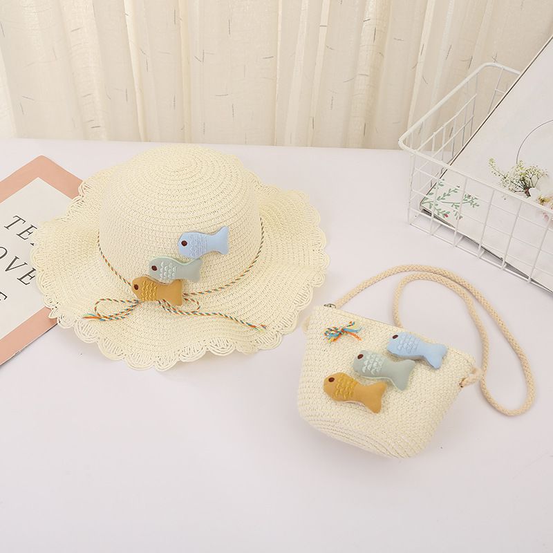 日系不規則大帽簷草帽/遮陽帽(附小背包)-小魚-咖啡色 (建議2-8歲)