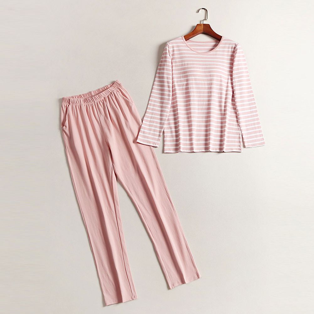 棉質柔軟Bra T-長袖套裝-粉白條紋