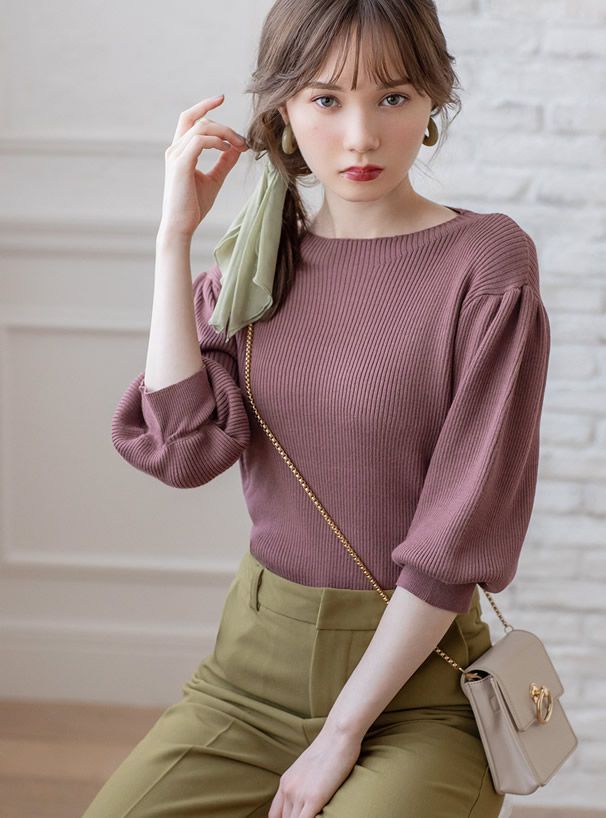 日本 GRL - 輕薄針織小澎袖五分袖上衣-杏