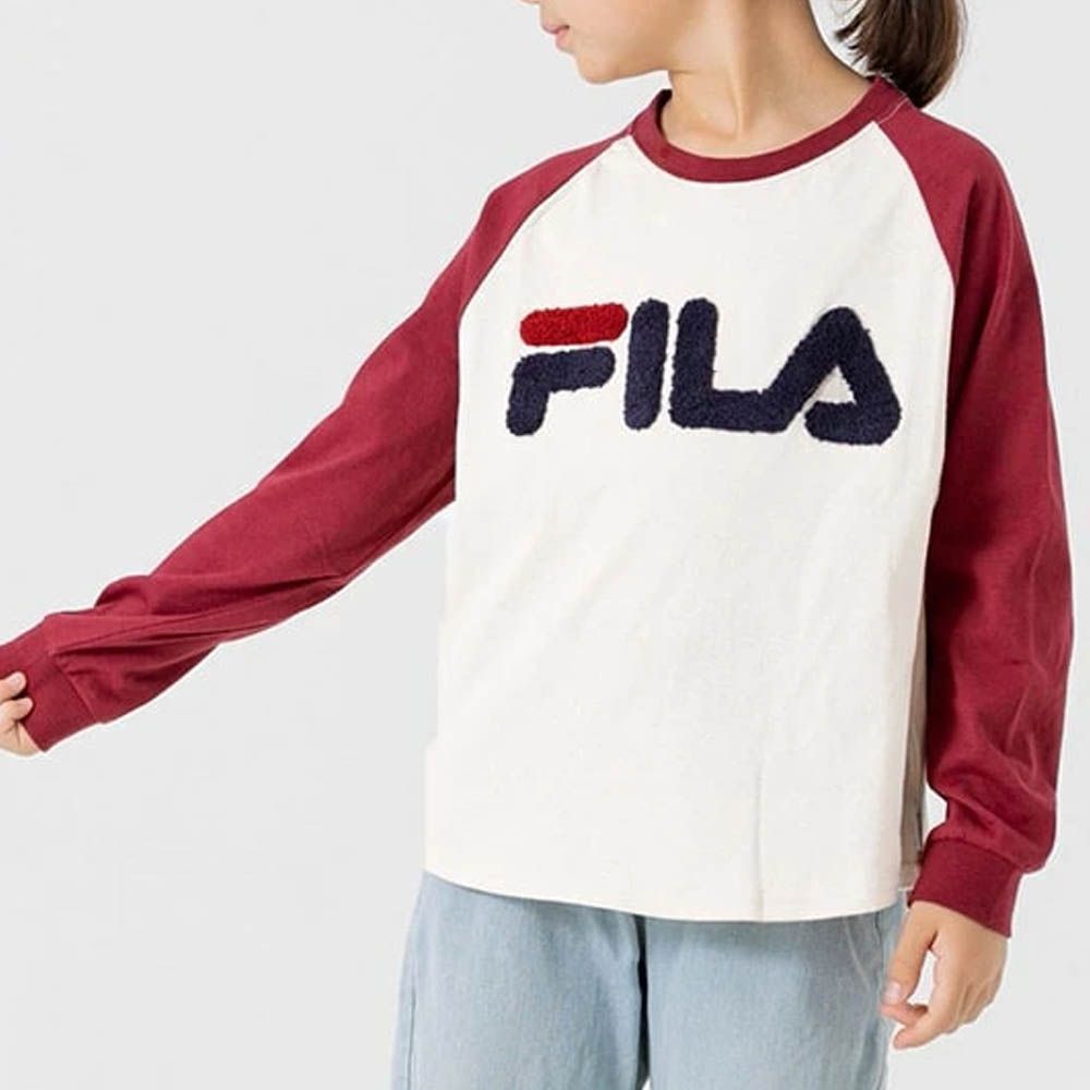 FILA聯名 品牌刺繡長袖上衣-袖子撞色-白X酒紅