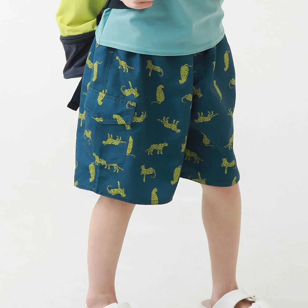 90%抗UV 鬆緊印花沙灘褲/泳褲(含內褲)-花豹-靛藍