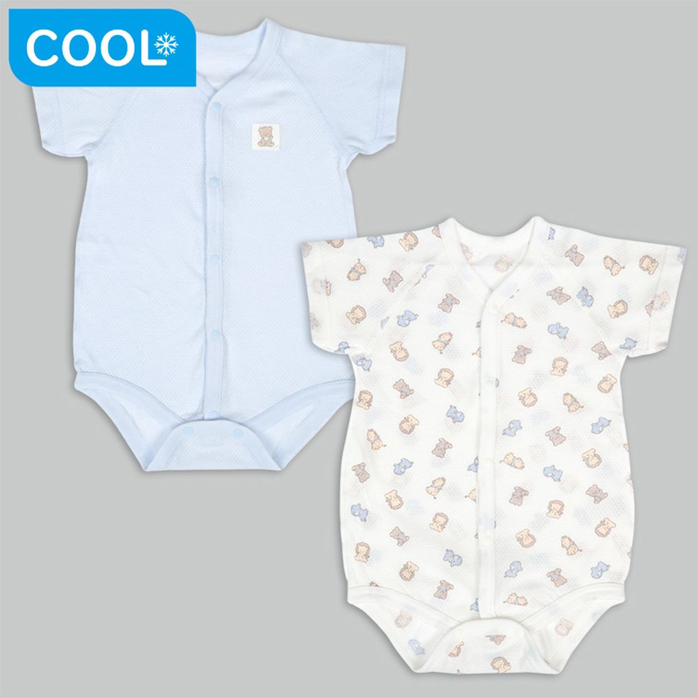 短袖網眼包屁衣2件組 前開式-小熊-淺藍色