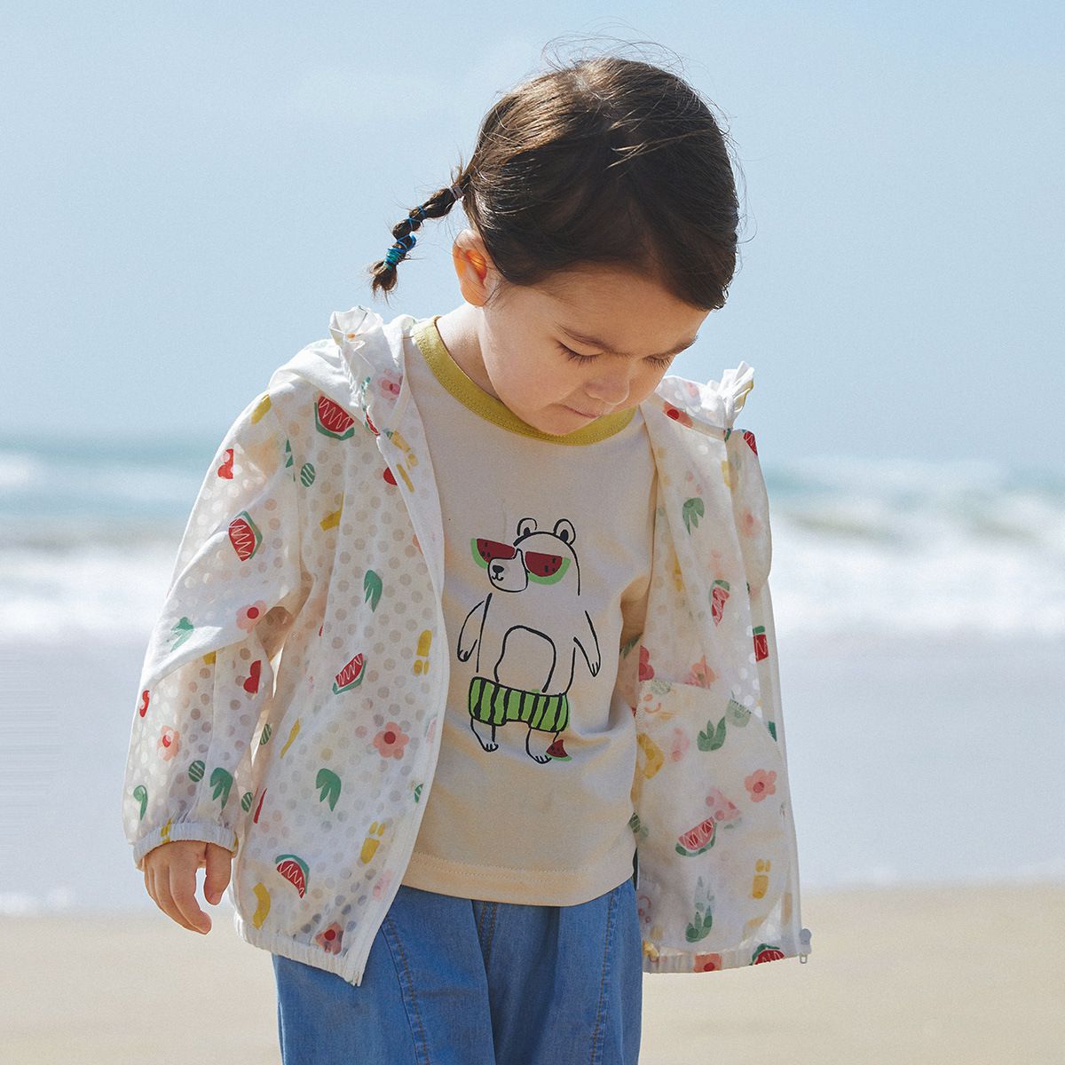 輕薄防風連帽外套-西瓜樂園-白色