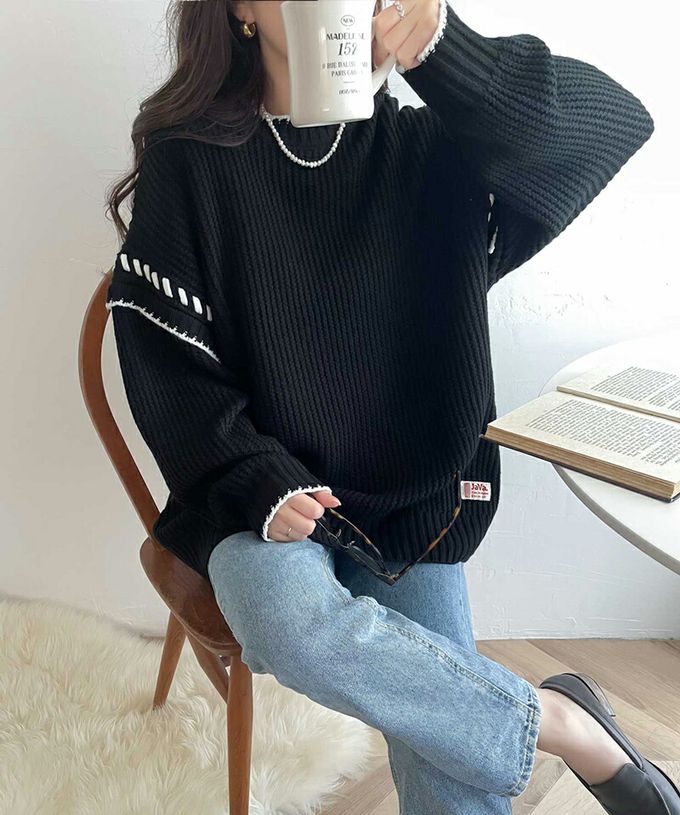 日本 Classical Elf - Java 落肩滾邊縫線粗針織長上衣-摩卡x白