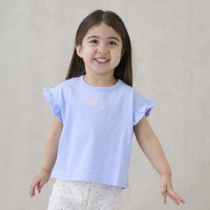 日本 petit main - 可愛荷葉袖短袖上衣-兔兔-白