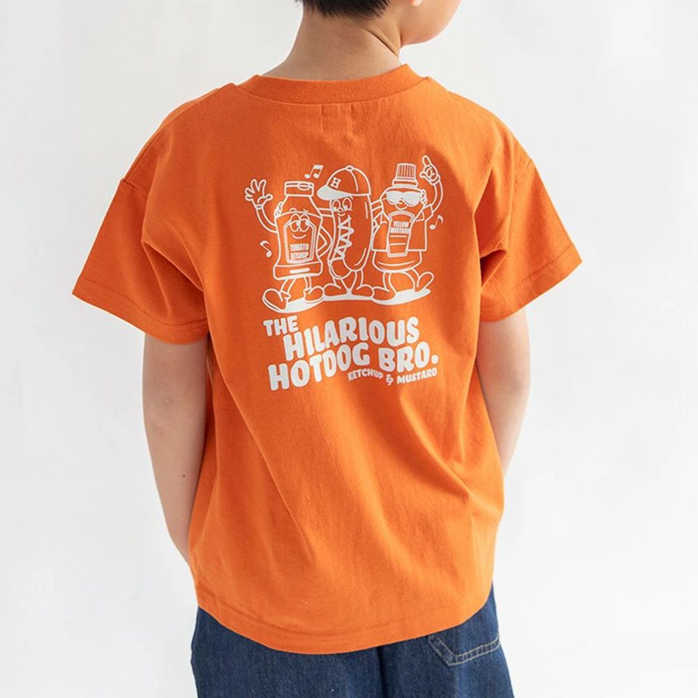 天竺棉可愛印花短袖上衣-歡樂熱狗-橘