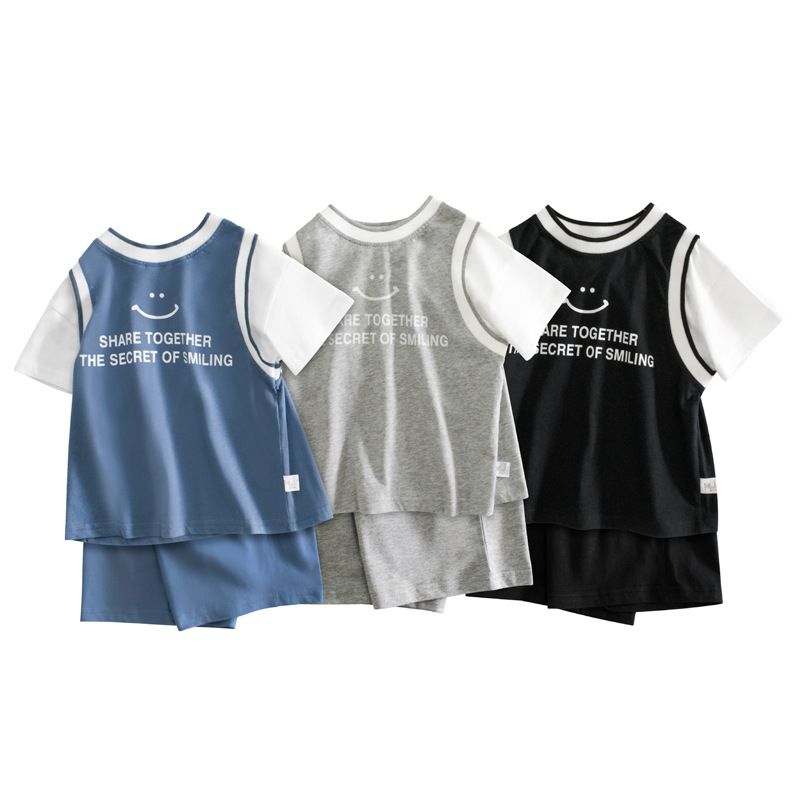 純棉假兩件休閒短袖套裝-微笑-海軍藍