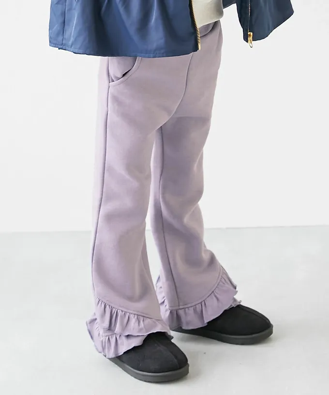 日本 devirock - 可愛設計荷葉邊裏毛長褲-側邊-卡其棕