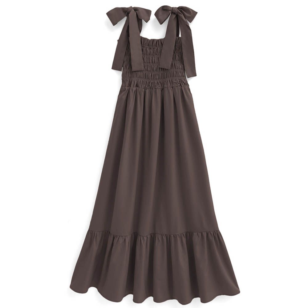肩蝴蝶結甜美皺褶細肩帶洋裝-深棕 (F)