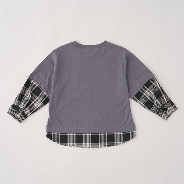 日本 b-ROOM - 假二件寬版大口袋長袖上衣-海軍藍x灰格紋