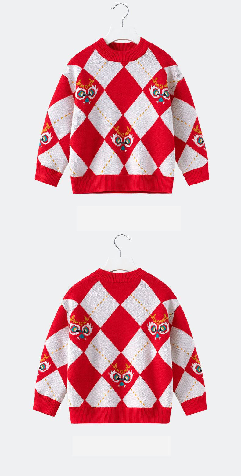 (加絨)喜氣拜年圓領針織長袖毛衣-福氣龍-紅+白