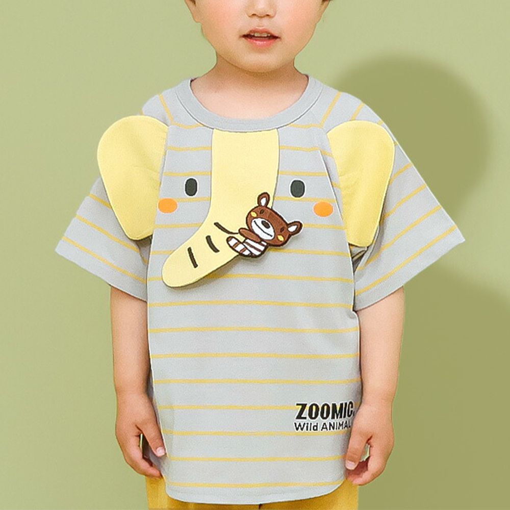 立體大象溜滑梯天竺棉短袖上衣-淺灰