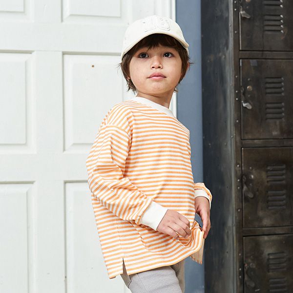 日本 b-ROOM - 100%棉 下擺品牌標籤條紋長袖上衣-黑