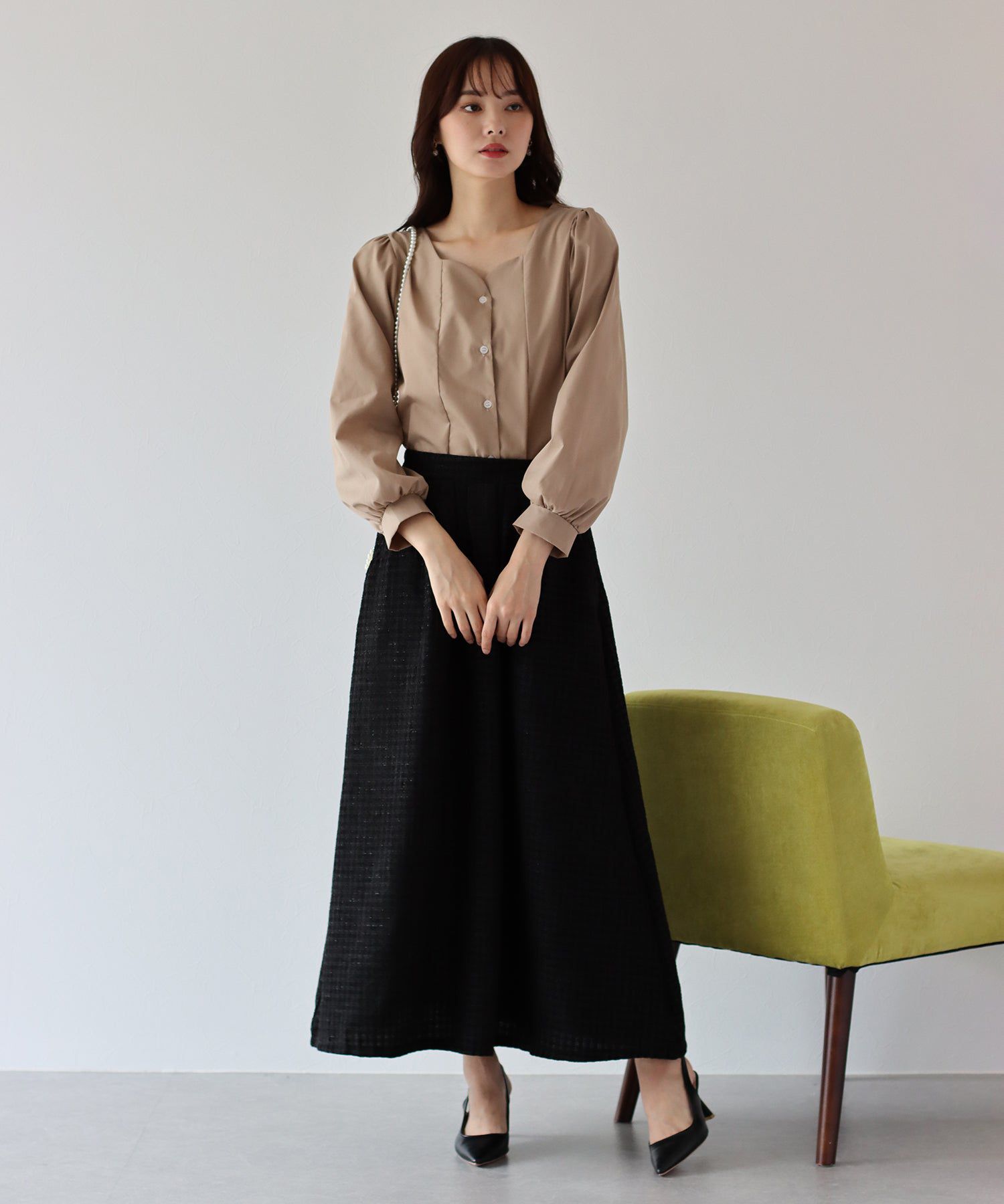 日本 BLUE EAST - 氣質千鳥格紋修身長裙-灰黑