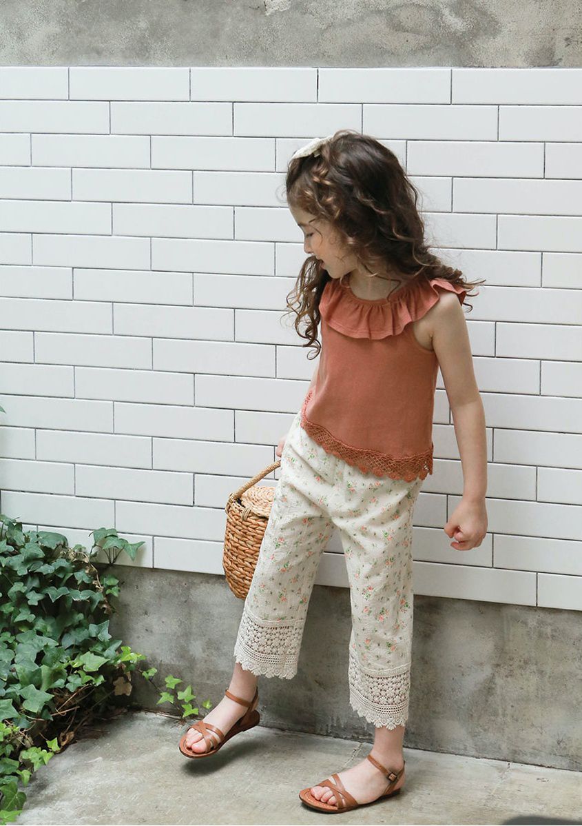 韓國 PuellaFLO - 荷葉圓領菱格鏤空露背上衣-磚紅