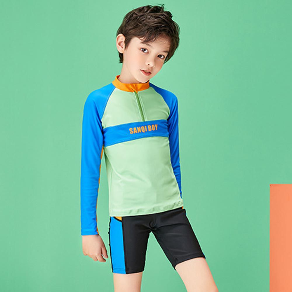 SANQI - 男寶運動風防曬長袖泳衣套裝-綠+藍