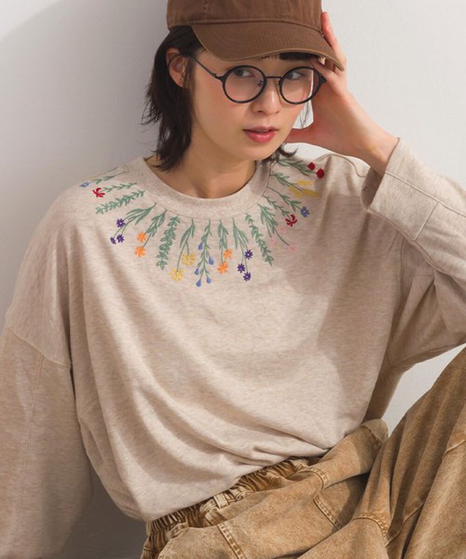 日本 Lupilien - 彩色刺繡花卉領裏毛長袖上衣-炭灰