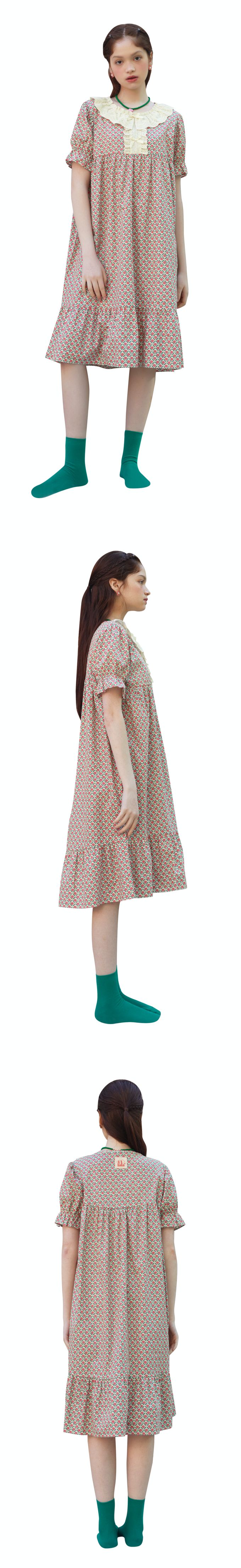 韓國 ULLALA - 花印領口蕾絲拼接短袖睡裙-粉紅花 (FREE)