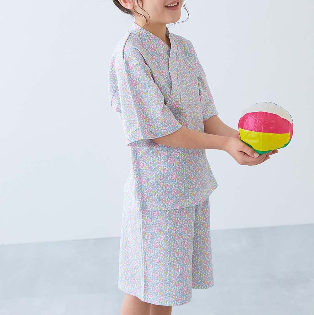 夏日風情涼爽紋理甚平套裝-滿版花朵-嫩粉紅