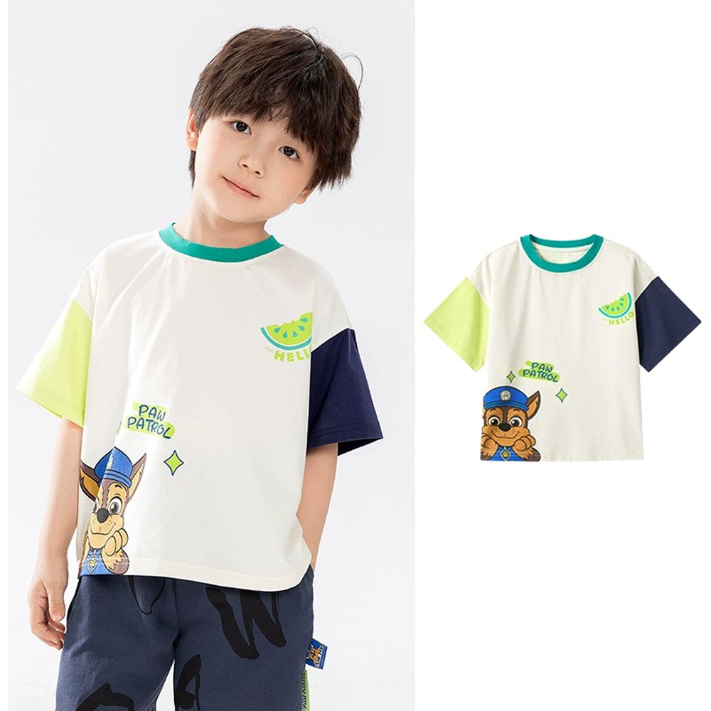 卡通汪汪隊撞色短袖上衣-卡通人物阿奇-米白