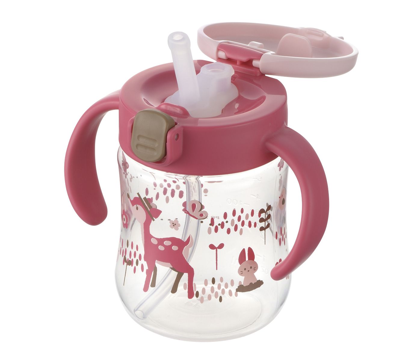 日本 Richell 利其爾 - 花間鹿三階段水杯禮盒組-鴨嘴水杯、360度直飲上蓋(含墊圈)、吸管上蓋(含墊圈、吸管組/1組)-紅/粉