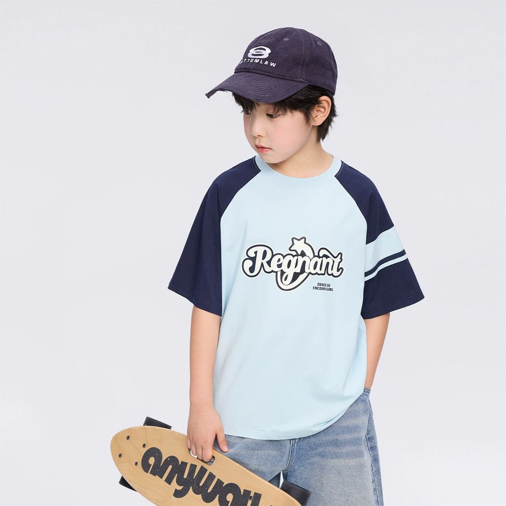 -3℃瞬間涼感短袖T-美式休閒印花-拼色藍