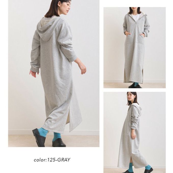 日本 OMNES - 休閒刺繡logo裏毛連帽長袖洋裝-淺灰