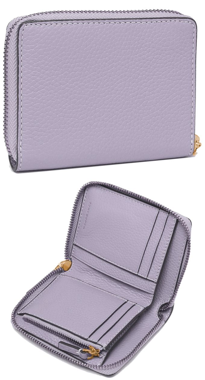 TORY BURCH - 雙T-LOGO素面拉鍊短夾 (紫色)