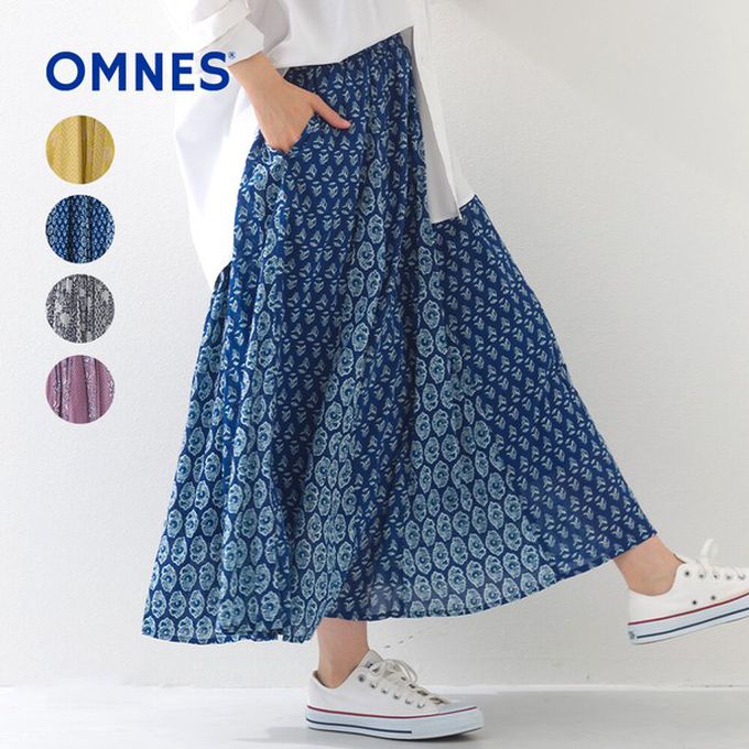 日本 OMNES - 100%印度棉 奢華印花飄逸感長裙-深藍