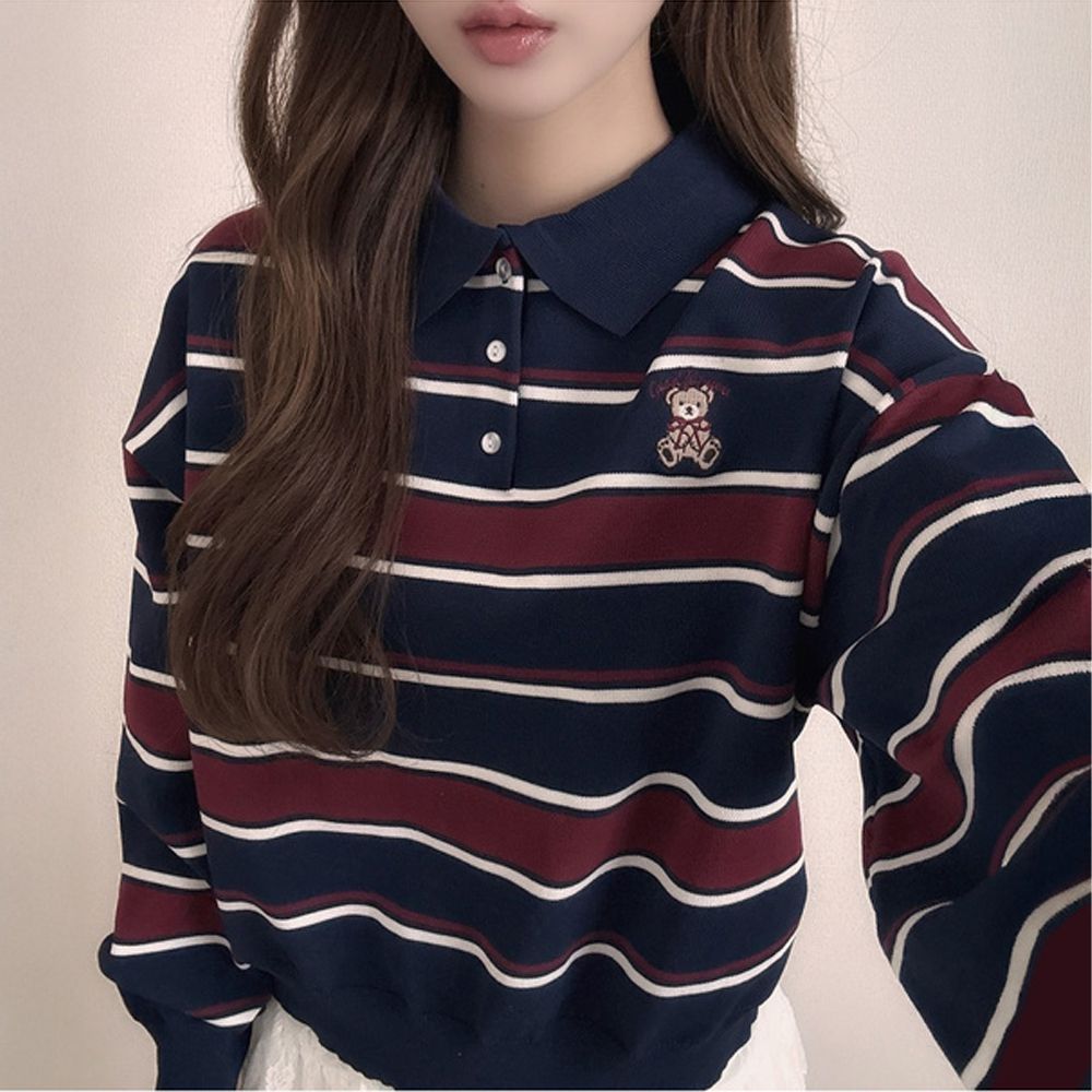 泰迪熊風格polo條紋針織上衣-紅藍系 (F)