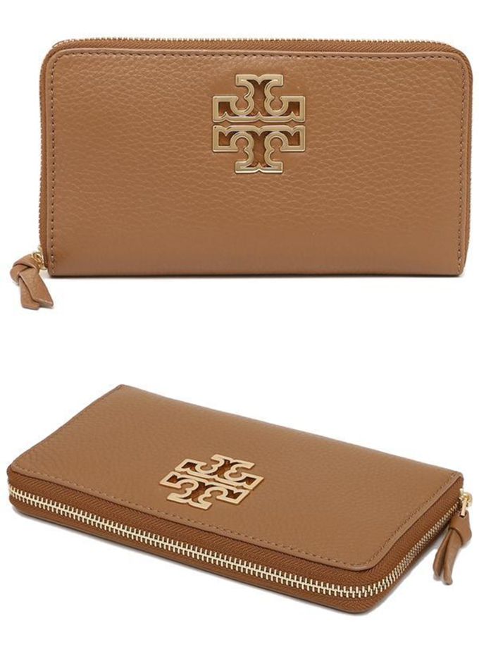 TORY BURCH - 雙T-LOGO皮革拉鍊長夾 (焦糖)