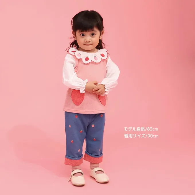 日本 ZOOLAND - 水果樂園 滿版印花摺邊七分褲-草莓-中藍