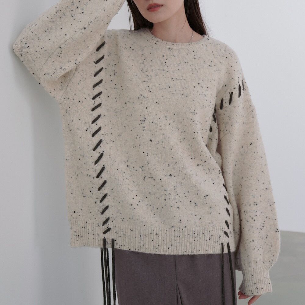 可可碎片感率性縫線針織上衣-卡其