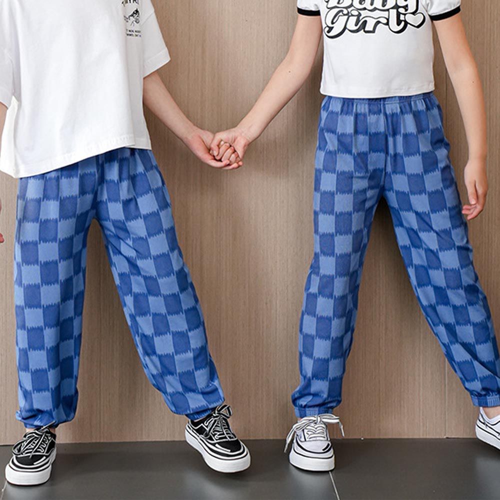 涼感透氣百搭防蚊褲/空調褲-大大格紋-藍色-團購專案