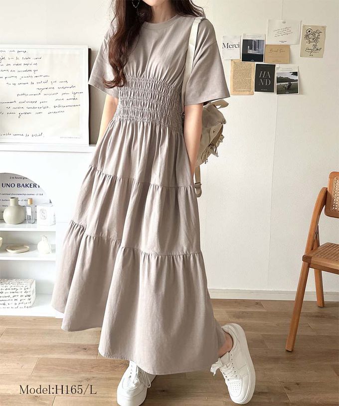 日本 Classical Elf - 100%棉 圓領美型縮腰分層短袖洋裝-黑