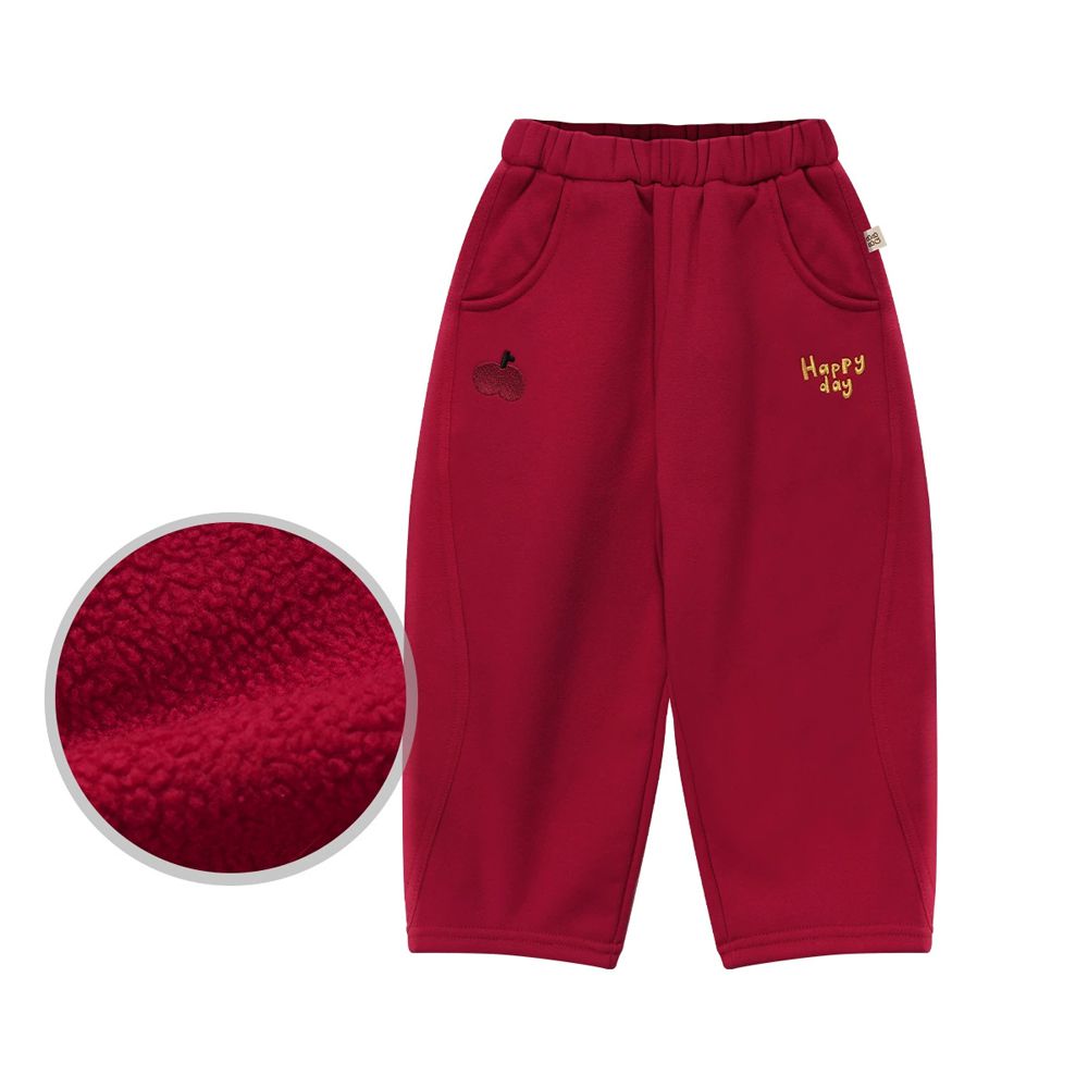 內刷絨立體刺繡彎刀褲/繭型褲-平平安安-紅色