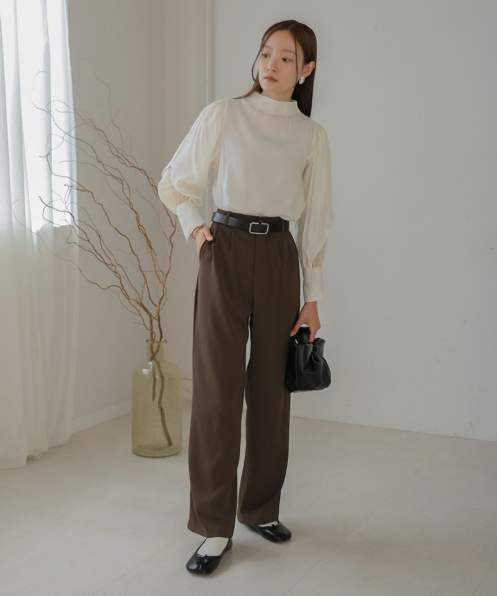 日本 Bab - 柔美紗拼接袖雪紡上衣-深可可