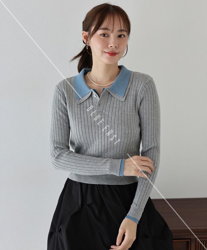 日本 BLUE EAST - 撞色雙層領針織polo長袖上衣-深灰x粉紅 (M)