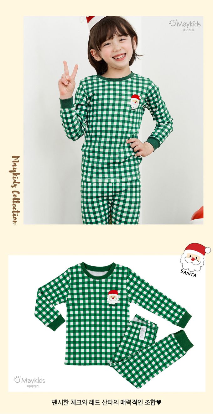 韓國 Maykids - 無螢光20支棉長袖家居服-聖誕老公公-綠格