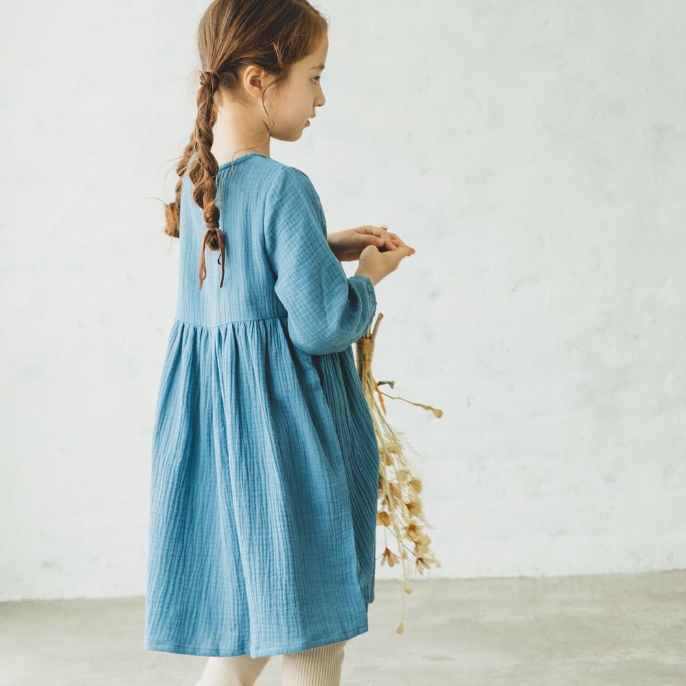 日本 PAIRMANON - 純棉柔軟皺摺風薄長袖洋裝-天藍