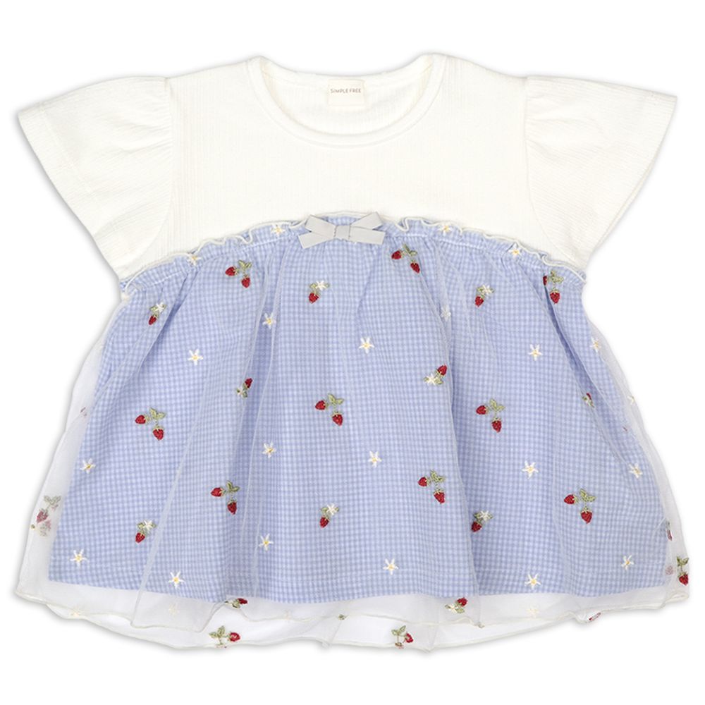 短袖T恤-薄紗拼接-淺藍色