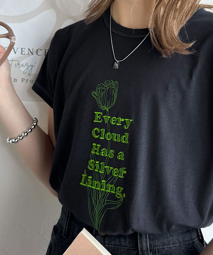 日本 Classical Elf - 花朵標語刺繡短袖上衣-白