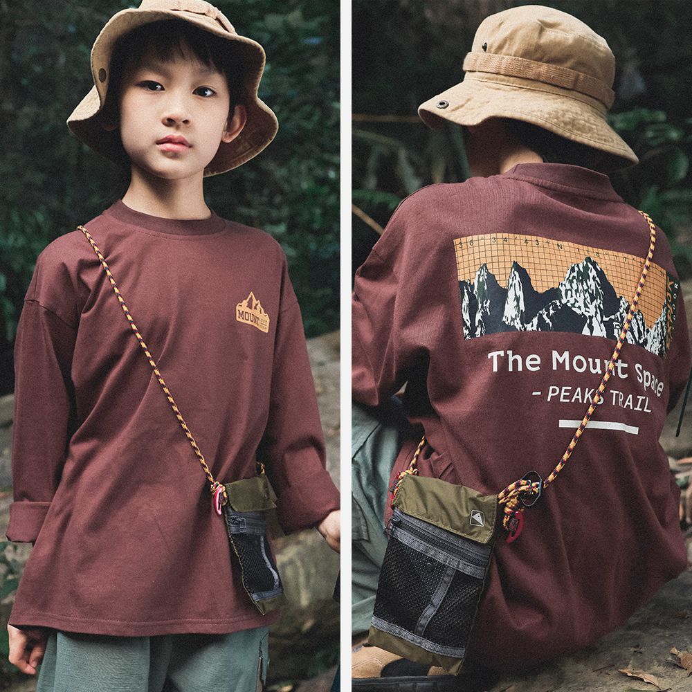 純棉圓領長袖上衣-風景印花-咖啡