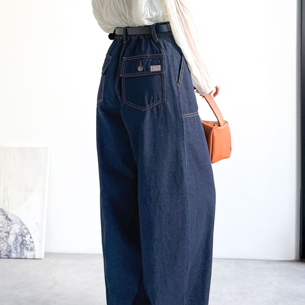 圓弧修身廓形大口袋純棉丹寧褲-深藍