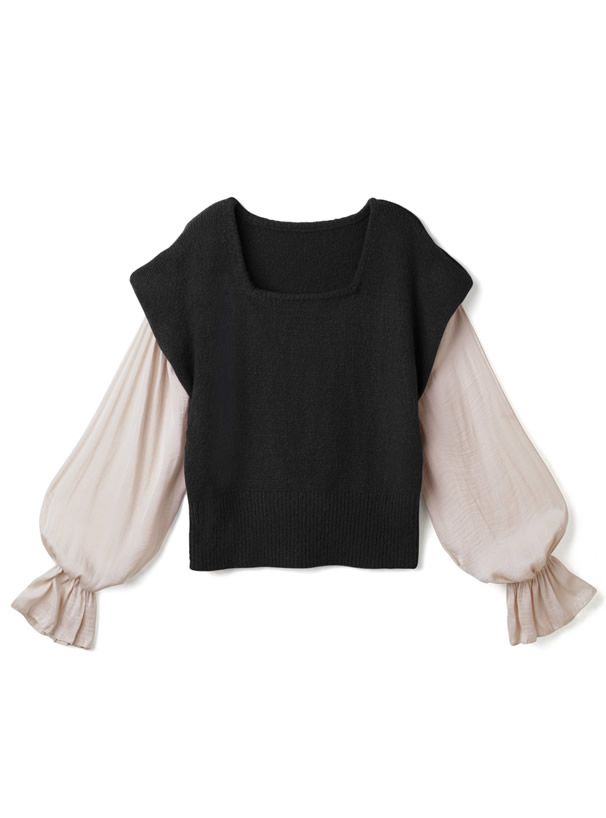 日本 GRL - 假兩件顯瘦背心拼接長袖上衣-黑