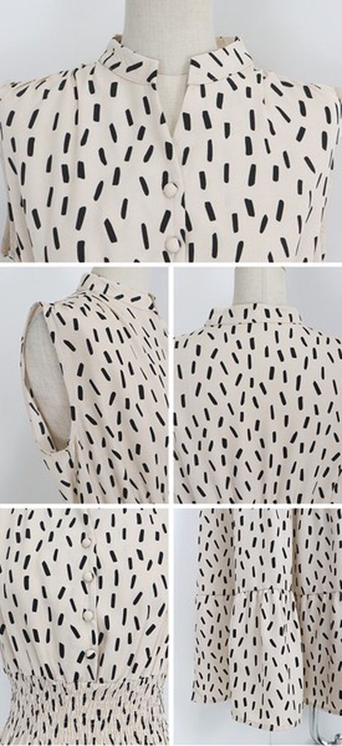 日本 BLUE EAST - 接觸冷感 縮腰顯瘦立領無袖洋裝-線條-黑 (M)