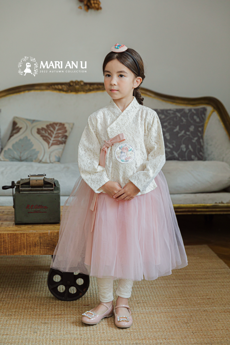 韓國 Mari an u - 兩件式蕾絲雕花網紗韓服-米X粉