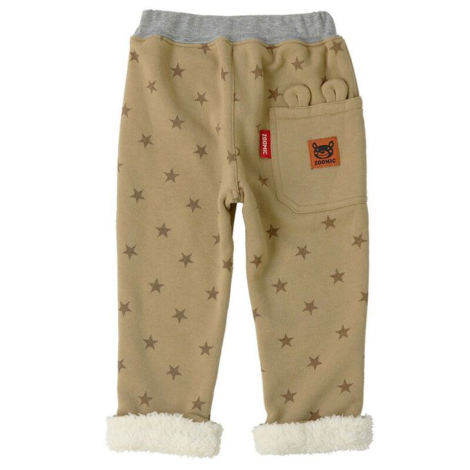 日本 ZOOLAND - 熊耳口袋滿版星星裏毛長褲-卡其